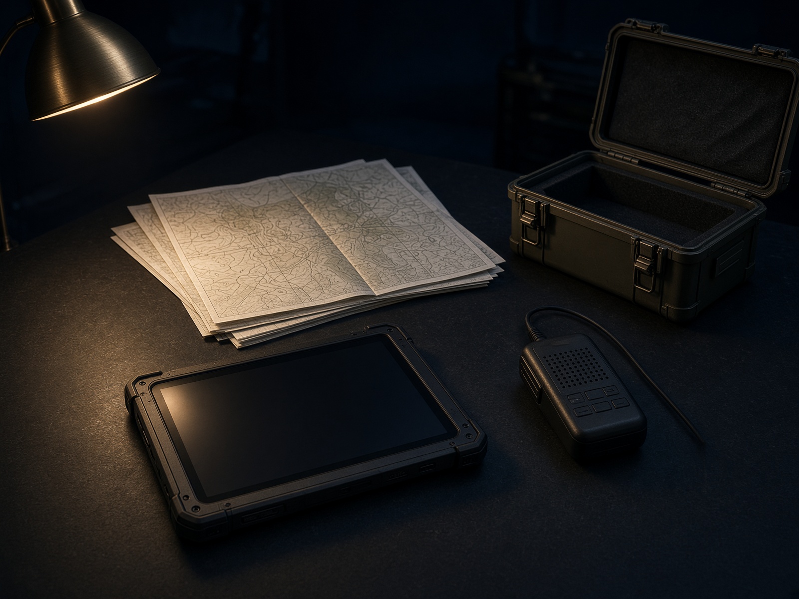 Operations table with maps, communications equipment, and a field case